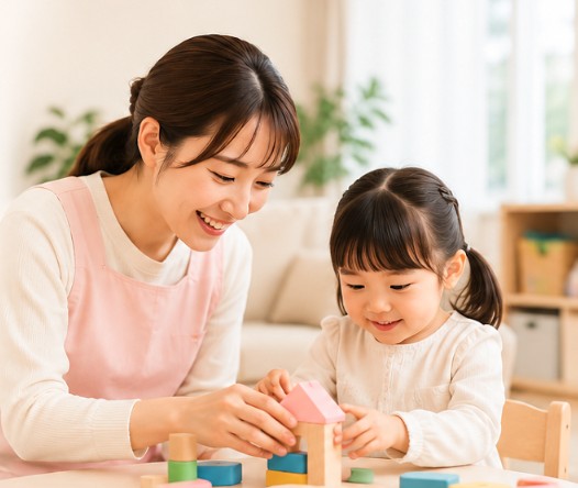シッターと子どもが積み木で遊んでいる様子