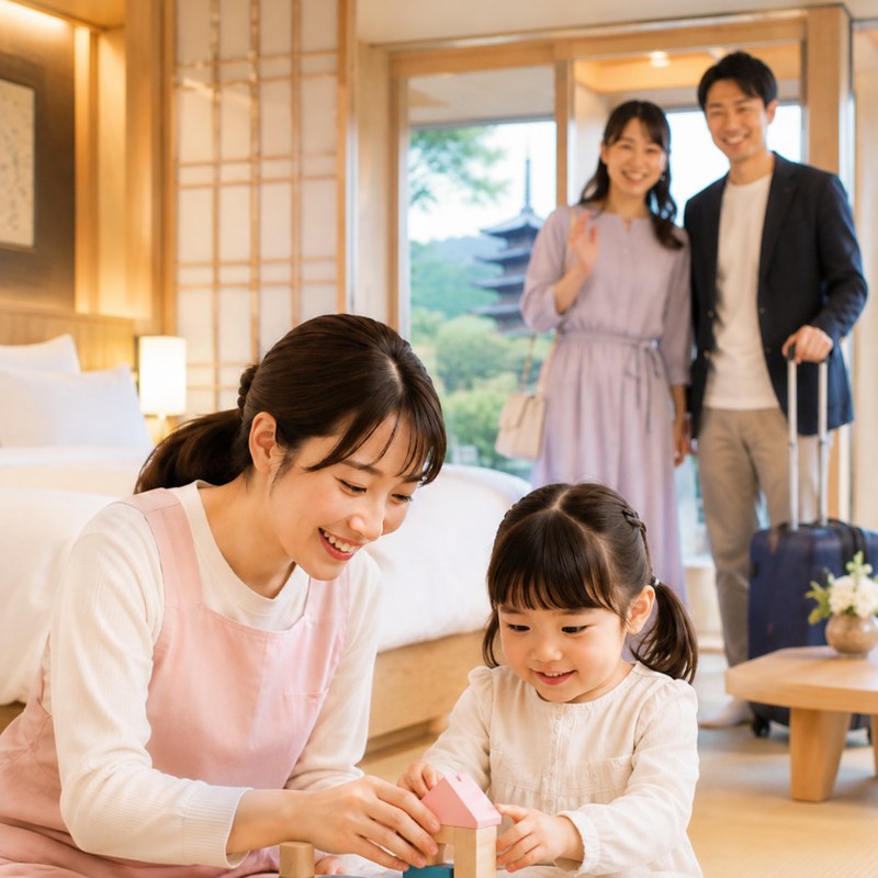 客室でシッターと積み木遊びをするお子さまと、外出されるご家族