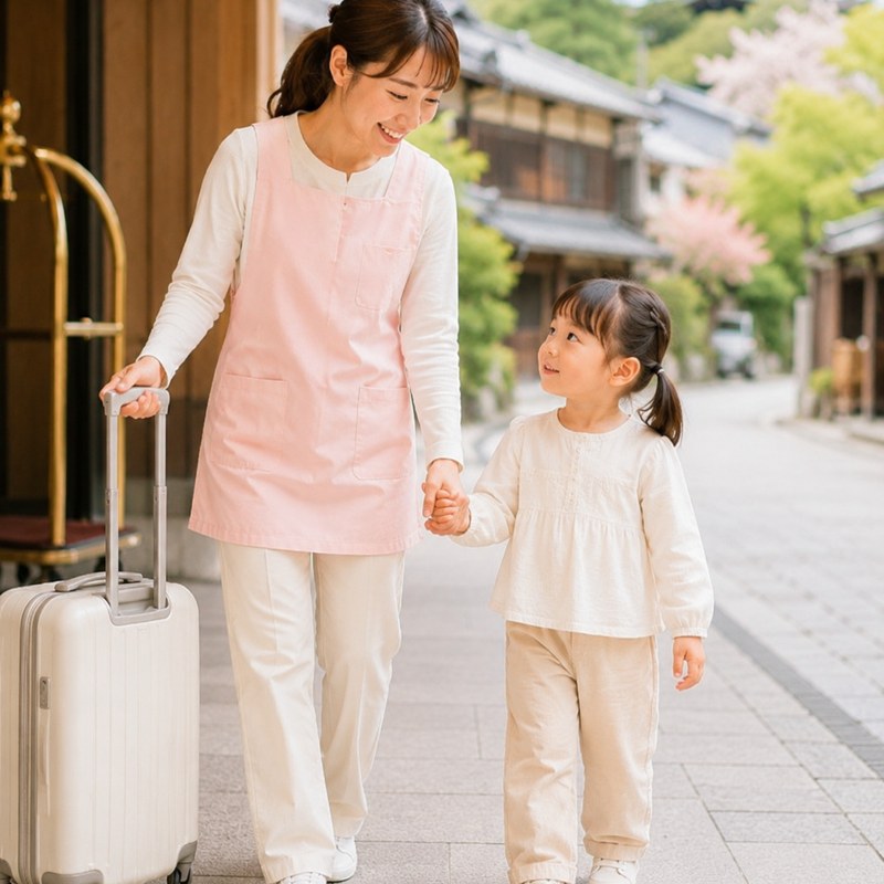 ホテルを出発し、京都の町並みを手をつないで歩くシッターとお子さま