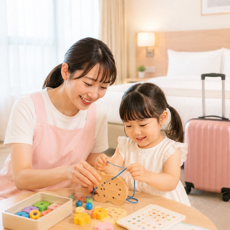 ホテルの客室で、ご用意した知育おもちゃで遊ぶシッターとお子さま