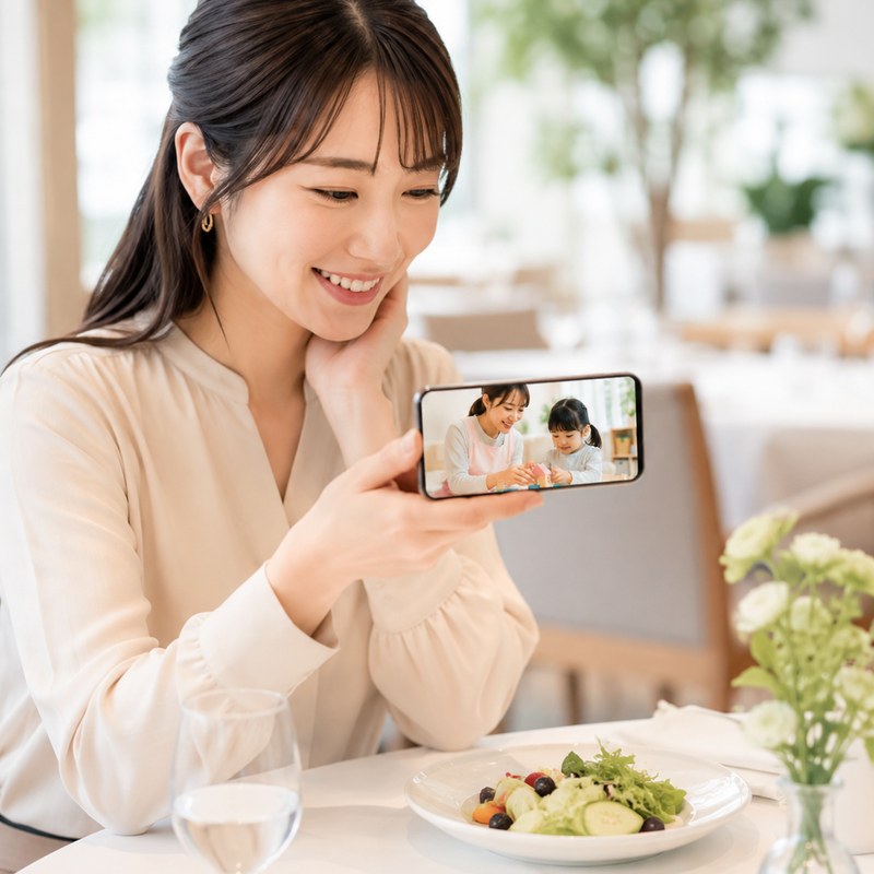 レストランでお子さまの様子をスマートフォンで確認する保護者様