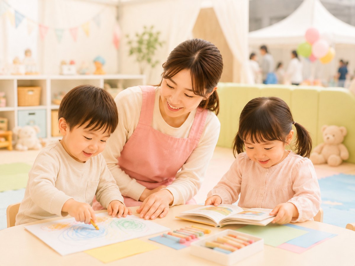 イベント託児スペースで、保育スタッフとお絵かきや絵本を楽しむお子さまたち